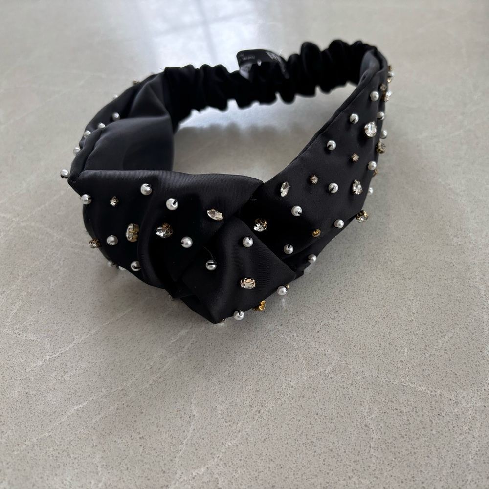 Zara Jeweled Black Pearl Rhinestone Studded Headband Hair Accessory Satin